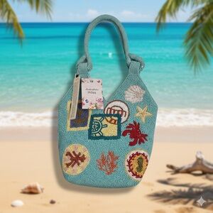 NWT women’s Embroidered Teal blue beaded Beach bag lobster bag beach